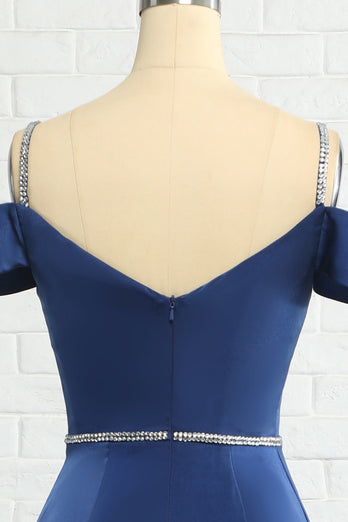 Meerjungfrau Trägerlos Marineblau Perlenbesticktes Brautjungfernkleid