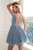 Glitzer Grau Blau Kurzes Ballkleid