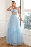 Himmelblaue Polka Dots Tüll Ballkleid