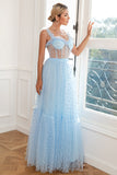 Himmelblaue Polka Dots Tüll Ballkleid