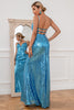 Laden Sie das Bild in den Galerie-Viewer, Meerjungfrau Spaghetti-Träger Blau Pailletten Langes Brautjungfernkleid