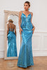 Laden Sie das Bild in den Galerie-Viewer, Meerjungfrau Spaghetti-Träger Blau Pailletten Langes Brautjungfernkleid