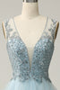 Laden Sie das Bild in den Galerie-Viewer, Perlenblaues Kleid aus Tüll mit V-Ausschnitt