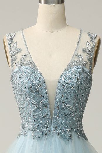 Perlenblaues Kleid aus Tüll mit V-Ausschnitt