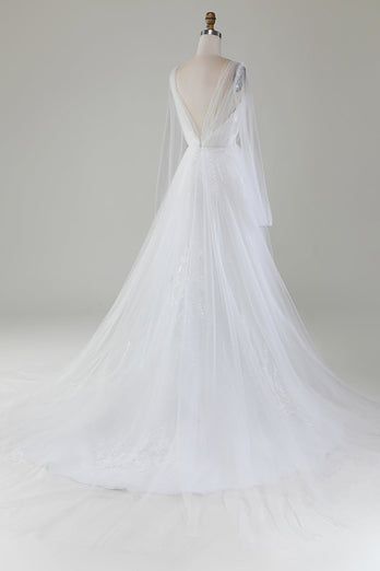 Elfenbeinfarbenes Hochzeitskleid aus Tüll mit V-Ausschnitt und V-Ausschnitt und langen Ärmeln