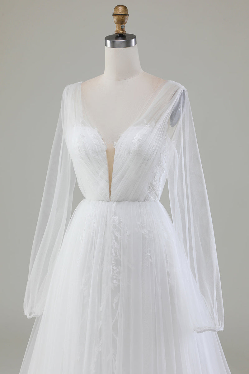 Laden Sie das Bild in den Galerie-Viewer, Elfenbeinfarbenes Hochzeitskleid aus Tüll mit V-Ausschnitt und V-Ausschnitt und langen Ärmeln