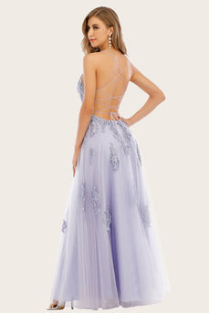 Lavendel Tüll lange Ball Kleid mit Spitze