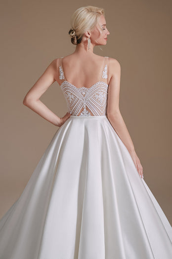 Weißes A-Linie V-Ausschnitt Brautkleid mit Spitze