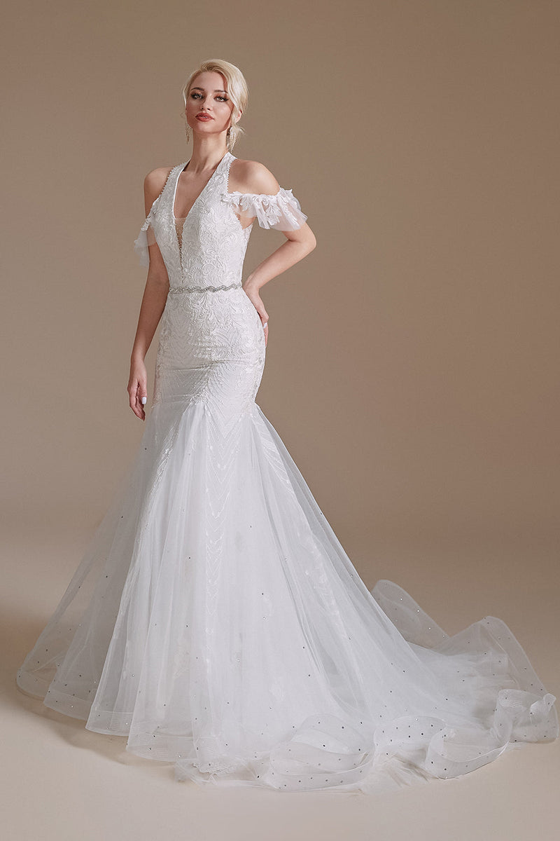 Laden Sie das Bild in den Galerie-Viewer, Weißes Meerjungfrau Halter Schleppe Brautkleid mit Spitze