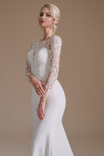 Weißes Meerjungfrau Hochzeitskleid mit langen Ärmeln und Schleppe und Spitze