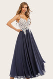 Königsblau lange Chiffon Ball Kleid mit Spitze