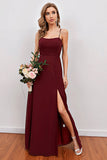 Burgund Spaghetti Riemen lange Brautjungfer Kleid mit Split