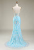 Laden Sie das Bild in den Galerie-Viewer, Blaues Spaghettiträger-glitzerndes Meerjungfrauen-Ballkleid